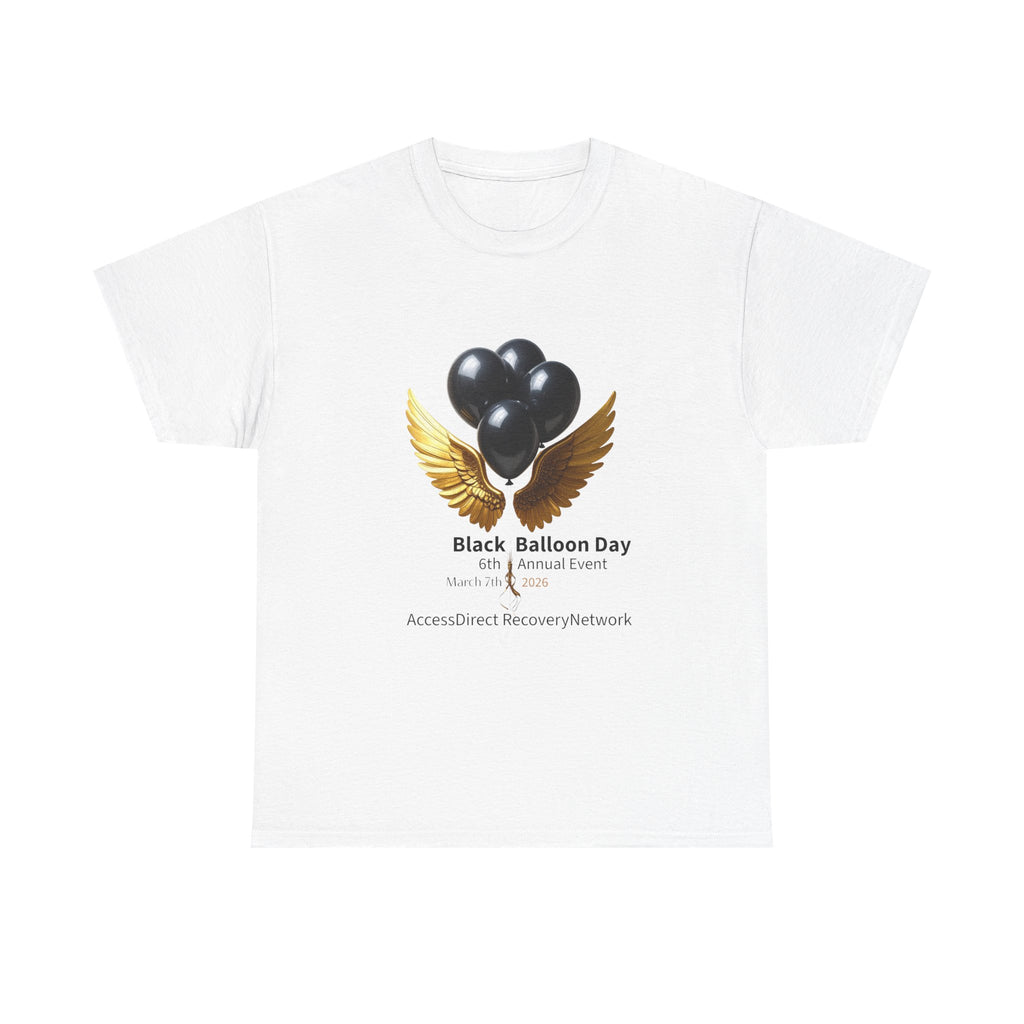 Black Balloon Day T‑Shirt — Memorial Awareness Tee with Gold Wings
