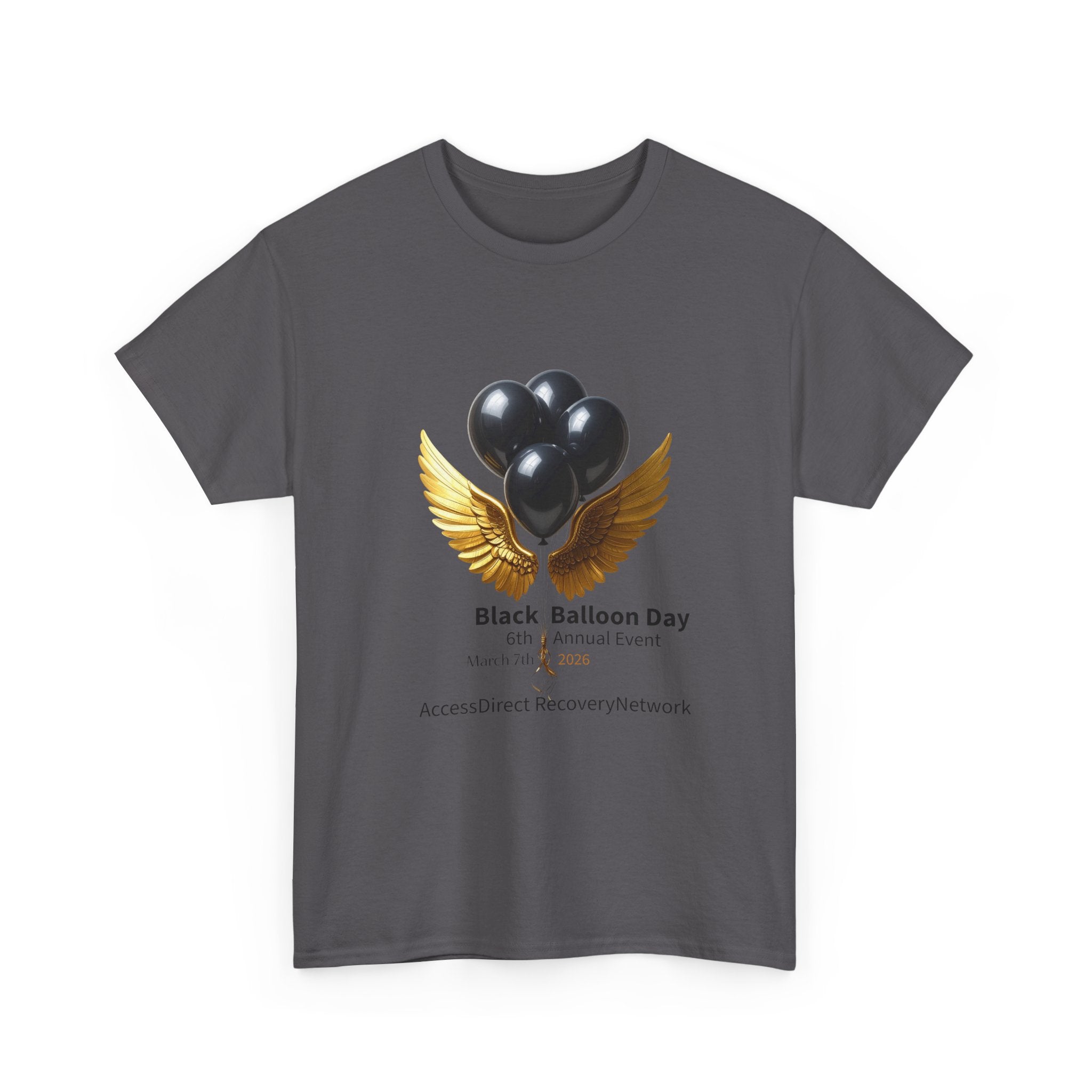 Black Balloon Day T‑Shirt — Memorial Awareness Tee with Gold Wings